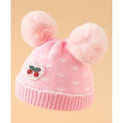 Babyhug Woollen Pom Pom Cap With Heart Print Red Diameter 11 cm