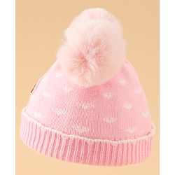 Babyhug Woollen Pom Pom Cap With Heart Print Red Diameter 11 cm