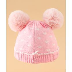 Babyhug Woollen Pom Pom Cap With Heart Print Red Diameter 11 cm