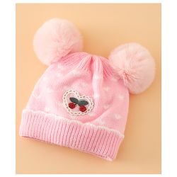 Babyhug Woollen Pom Pom Cap With Heart Print Red Diameter 11 cm