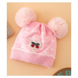 Babyhug Woollen Pom Pom Cap With Heart Print Red Diameter 11 cm