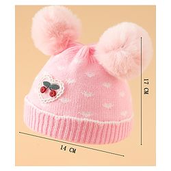 Babyhug Woollen Pom Pom Cap With Heart Print Red Diameter 11 cm