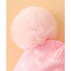 Babyhug Woollen Pom Pom Cap With Heart Print Red Diameter 11 cm