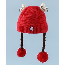 Babyhug Woollen Cap With Flower Applique in Red - Diameter 16 cm