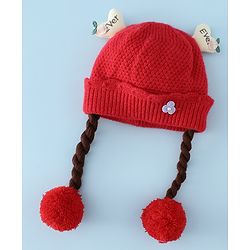Babyhug Woollen Cap With Flower Applique in Red - Diameter 16 cm