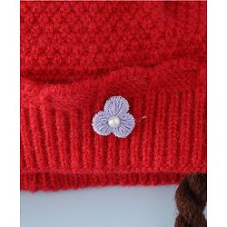 Babyhug Woollen Cap With Flower Applique in Red - Diameter 16 cm