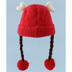 Babyhug Woollen Cap With Flower Applique in Red - Diameter 16 cm