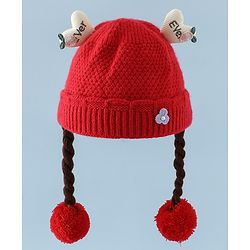 Babyhug Woollen Cap With Flower Applique in Red - Diameter 16 cm