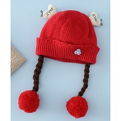 Babyhug Woollen Cap With Flower Applique in Red - Diameter 16 cm