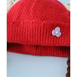 Babyhug Woollen Cap With Flower Applique in Red - Diameter 16 cm