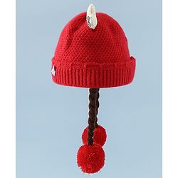 Babyhug Woollen Cap With Flower Applique in Red - Diameter 16 cm