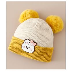 Babyhug Woollen Cap With Bear Applique in Beige - Diameter 15.5 cm