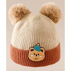 Babyhug Woollen Cap With Bear Applique in Beige - Diameter 15.5 cm