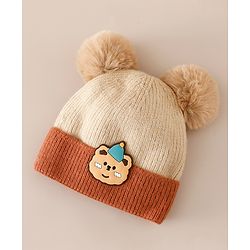 Babyhug Woollen Cap With Bear Applique in Beige - Diameter 15.5 cm