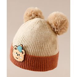 Babyhug Woollen Cap With Bear Applique in Beige - Diameter 15.5 cm