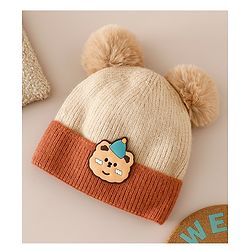 Babyhug Woollen Cap With Bear Applique in Beige - Diameter 15.5 cm