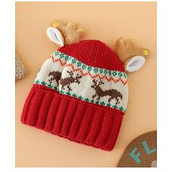 Babyhug Woollen Cap with Reindeer Applique in Red - Diameter 14 cm