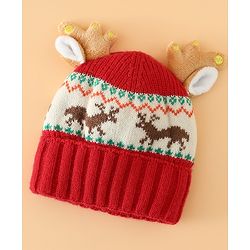 Babyhug Woollen Cap with Reindeer Applique in Red - Diameter 14 cm