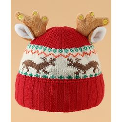 Babyhug Woollen Cap with Reindeer Applique in Red - Diameter 14 cm
