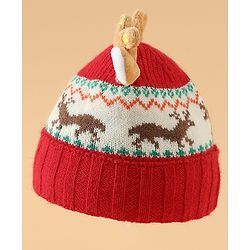 Babyhug Woollen Cap with Reindeer Applique in Red - Diameter 14 cm