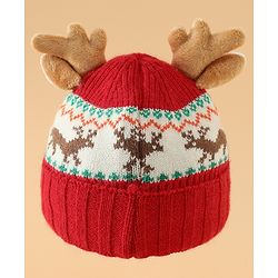 Babyhug Woollen Cap with Reindeer Applique in Red - Diameter 14 cm