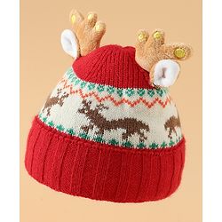Babyhug Woollen Cap with Reindeer Applique in Red - Diameter 14 cm