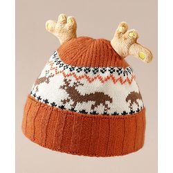 Babyhug Woollen Cap with Reindeer Applique in Red - Diameter 14 cm