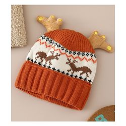 Babyhug Woollen Cap with Reindeer Applique in Red - Diameter 14 cm