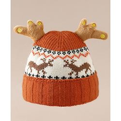 Babyhug Woollen Cap with Reindeer Applique in Red - Diameter 14 cm