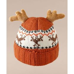 Babyhug Woollen Cap with Reindeer Applique in Red - Diameter 14 cm