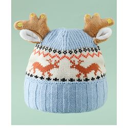 Babyhug Woollen Cap with Reindeer Applique in Red - Diameter 14 cm