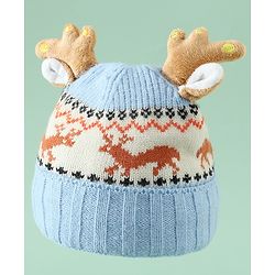 Babyhug Woollen Cap with Reindeer Applique in Red - Diameter 14 cm