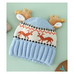Babyhug Woollen Cap with Reindeer Applique in Red - Diameter 14 cm