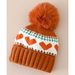 Babyhug Woollen Cap With Heart Design in Orange - Diameter 15.5 cm