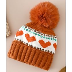 Babyhug Woollen Cap With Heart Design in Orange - Diameter 14.5 cm