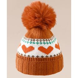 Babyhug Woollen Cap With Heart Design in Orange - Diameter 15.5 cm