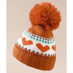 Babyhug Woollen Cap With Heart Design in Orange - Diameter 14.5 cm