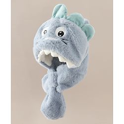 Babyhug Woollen Cap with Knot & Dino Applique in Blue - Diameter 33 cm