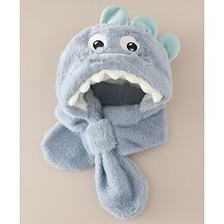 Babyhug Woollen Cap with Knot & Dino Applique in Blue - Diameter 33 cm