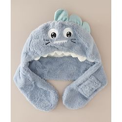 Babyhug Woollen Cap with Knot & Dino Applique in Blue - Diameter 33 cm