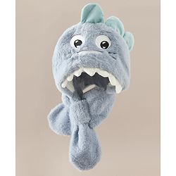 Babyhug Woollen Cap with Knot & Dino Applique in Blue - Diameter 33 cm