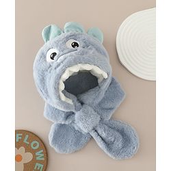 Babyhug Woollen Cap with Knot & Dino Applique in Blue - Diameter 33 cm