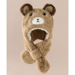 Babyhug Woollen Cap with Knot & Bear Applique in Brown - Diameter 33 cm