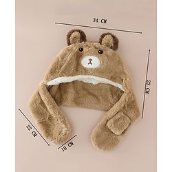 Babyhug Woollen Cap with Knot & Bear Applique in Brown - Diameter 33 cm