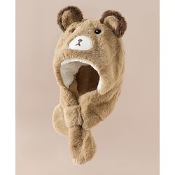 Babyhug Woollen Cap with Knot & Bear Applique in Brown - Diameter 33 cm