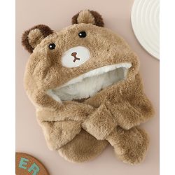 Babyhug Woollen Cap with Knot & Bear Applique in Brown - Diameter 33 cm