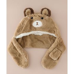 Babyhug Woollen Cap with Knot & Bear Applique in Brown - Diameter 33 cm
