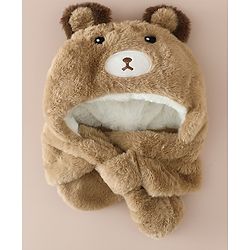 Babyhug Woollen Cap with Knot & Bear Applique in Brown - Diameter 33 cm