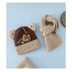 Babyhug Woollen Cap & Muffler Brown With Bear Applique in Brown - Diameter 18 cm