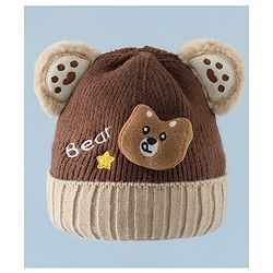 Babyhug Woollen Cap & Muffler Brown With Bear Applique in Brown - Diameter 18 cm